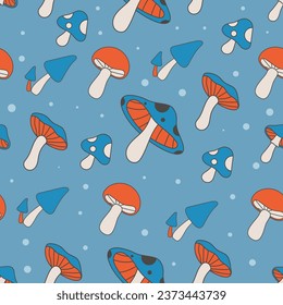 seamless pattern with groovy mushroom 70s