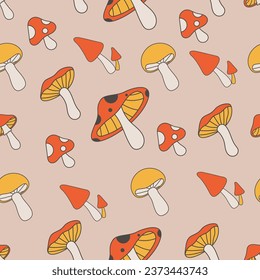 seamless pattern with groovy mushroom 70s