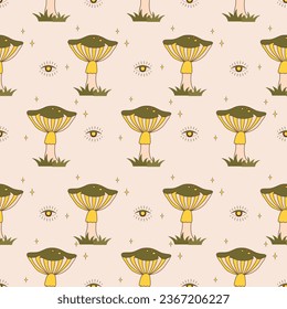 Seamless pattern with groovy mushrooms. Abstract vintage agaric. Hippie vector illustration in flat cartoon style. Psychedelic background.