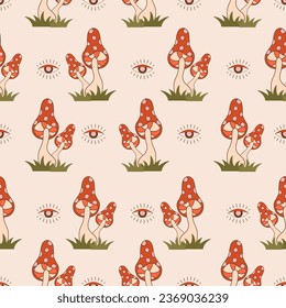 Seamless pattern with groovy mushrooms. Abstract vintage agaric. Hippie vector illustration in flat cartoon style. Psychedelic background.