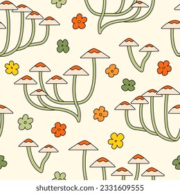 Seamless pattern with groovy mushrooms and flowers. Vector background in retro 1970 style.