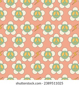 Seamless pattern with Groovy Peace sign inside daisy. Trending element in style of 70s. Boho groovy floral pacifist symbol. Retro posters. Card, postcard, print. Y2k vintage vector illustration	