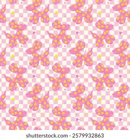 Seamless Pattern Groovy Pink Balloon Dog smile emoji in Vibrant Pastel isolated on background