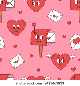 seamless pattern with groovy  post box, envelope, heart for Valentine Day