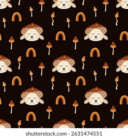 Naadloos patroon met groovy konijnengezicht, regenboog en champignons. Leuke retro groovy patroon voor kinderen. Schattig handgetekende vectorontwerp in platte tekenfilmstijl