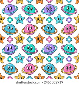 Seamless pattern of groovy retro 90s style elements. Planets, flowers, stars with eyes and smiles background. EPS 10 vector illustration.