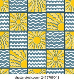 Patrón sin fisuras con soles y ondas abstractas retro magnífico. Formas de garabatos orgánicos en estilo hippie de moda de los años 60 y 70. Ideal para textil, tela, Fondo de pantalla, embalaje, álbum de recortes y embalaje