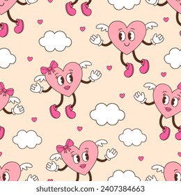 seamless pattern with groovy retro couple hearts