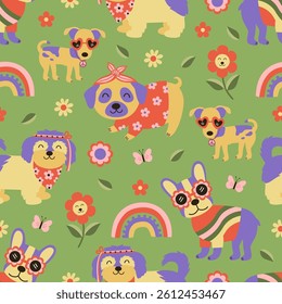 seamless pattern with  groovy retro  Dog, rainbow, flowers, 