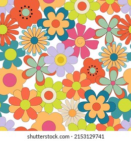 Seamless pattern with Groovy retro flowers. Hippie endless background in 1970s style. Vector Disco flowers daisy on white background