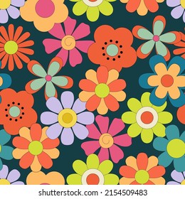 Seamless pattern with Groovy retro flowers on dark background. Hippie endless background in 1970s style. Vector flowers daisy