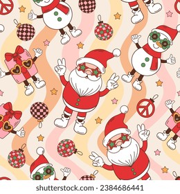 seamless pattern with groovy retro Santa , snowman , Christmas gift