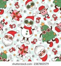 seamless pattern with groovy retro Santa face, snowman, Christmas tree, gift