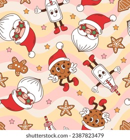 seamless pattern with groovy retro Santa face, cookies, Santa milk