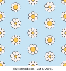 Padrão contínuo com flores simples groovy. Projeto geométrico floral abstrato. Impressão de doodle para banner, papel de parede, têxtil, papel de embrulho, fundo, cartões. Ilustração vetorial em estilo plano
