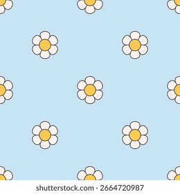 Seamless pattern with groovy simple flowers. Abstract floral geometric design. Doodle print for banner, wallpaper, textile, wrapping paper, background, cards. Vector illustration in flat style