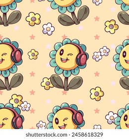 Seamless pattern of Groovy smile flower cartoon. Positive retro flower wearing headphones. Pattern for fabric and wrapping paper, Pattern for design wallpaper and fashion prints.