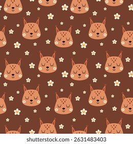 Seamless pattern with groovy squirrel face and flowers. Cute retro animal face pattern. Adorable summer hand drawn vector design in flat cartoon style for kids prints