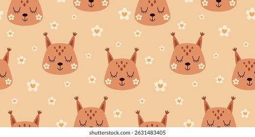 Seamless pattern with groovy squirrel face and flowers. Cute retro animal face pattern. Adorable summer hand drawn vector design in flat cartoon style for kids prints
