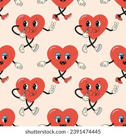 Seamless pattern groovy valentine's day, hearts, cute character