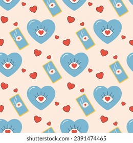 Seamless pattern groovy valentine's day, hearts, cute character