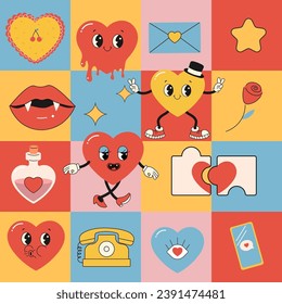 Seamless pattern groovy valentine's day, hearts, cute character