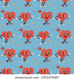 Seamless pattern groovy valentine's day, hearts, cute character
