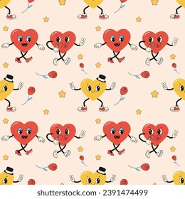 Seamless pattern groovy valentine's day, hearts, cute character