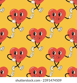 Seamless pattern groovy valentine's day, hearts, cute character