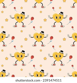 Seamless pattern groovy valentine's day, hearts, cute character