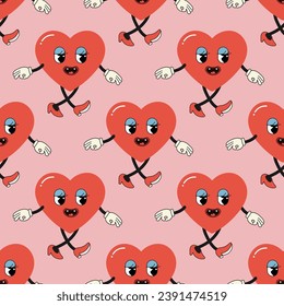 Seamless pattern groovy valentine's day, hearts, cute character