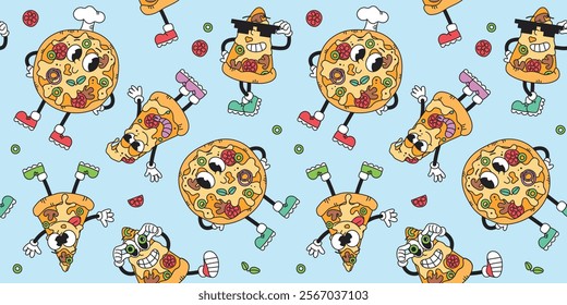 Seamless pattern groovy vintage characters pizza. Fast food. Vector illustration in retro style