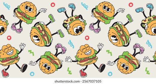 Seamless pattern groovy vintage characters hamburger, cheeseburger. Fast food. Vector illustration in retro style