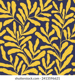 Seamless pattern with groovy yellow plants. Abstract vector background in matisse style
