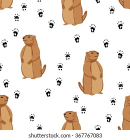 Seamless pattern with groundhog and animal's footprint. Vector illustration