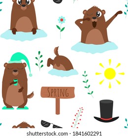 Seamless pattern of Groundhog day illustrations. Vector cartoon background. Flat design.