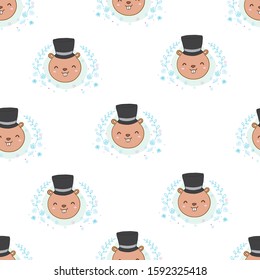 Seamless pattern with groundhog and flowers. Vector illustration