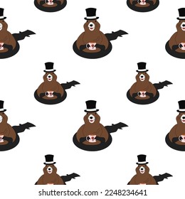 Seamless pattern of a Groundhog in a hat with a cup in his paws coming out of his hole and shadow
