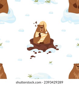 Seamless pattern with groundhog. Sleeping marmot with pillow and sad rodent in snowy hole on white background. Vector illustration. Holiday design, decor, packaging and wallpaper for Groundhog Day