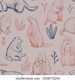 Seamless pattern of groundhogs, marmot sketches. Hand drawn vector illustration. Woodchuck colored retro ornament. Design for fabric, textile, wallpaper, print, background, Groundhog Day decor, card.