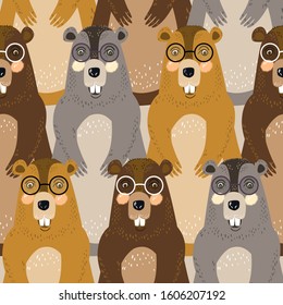 Seamless pattern with groundhogs, marmots. Cute character design