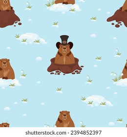 Seamless pattern with groundhogs peeking out of hole on blue background with snow and snowdrops. Vector illustration. Holiday design, decor, packaging and wallpaper for Groundhog Day February 2