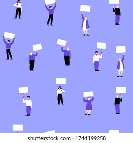 Seamless pattern. A group of activists wearing face masks protesting with blank cardboards. Different people on a working strike holding posters. Pandemic protest concept. Flat vector illustration