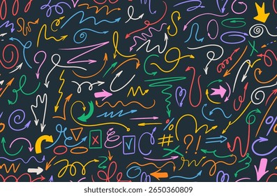 Seamless pattern  group arrows and frames. Hand drawn color symbols swirls, crosses for hand drawn diagrams. Doodle marker drawing. Vector freehand different curved arrows, circles and check marks.