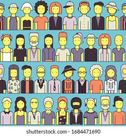 Seamless pattern with a group of asian people, men and women.