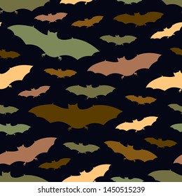 Seamless pattern with a group of bat. Halloween holiday background. Vampire silhouettes print. Trick or treat wallpaper. Kids scrapbook digital paper, textile print, page fill. Vector illustration