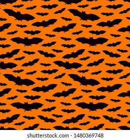 Seamless pattern with a group of bat. Halloween holiday background. Vampire silhouettes print. Trick or treat wallpaper. Kids scrapbook digital paper, textile print, page fill. Vector illustration