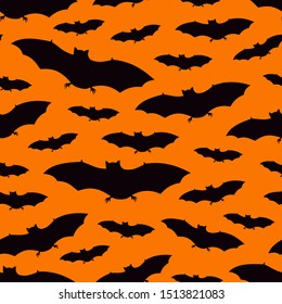Seamless pattern with a group of bat. Halloween holiday background. Vampire silhouettes print. Trick or treat wallpaper. Kids scrapbook digital paper, textile print, page fill. Vector illustration