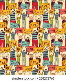 Seamless pattern group casual happy people with plates color
Very big team of young unrecognizable happy people. Color seamless pattern vector illustration.