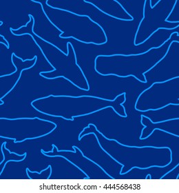 Seamless pattern with a group of different species of whales. Background with linear whales. Silhouette of performing linear.